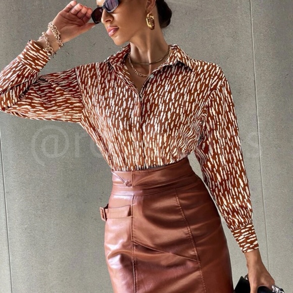 Rusty Brown with White Spots Printed Button Through Shirt Long Sleeve - Picture 4 of 8